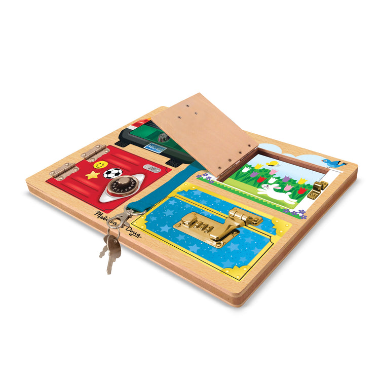 An assembled or decorated The Melissa & Doug Locks and Latches Board Wooden Educational Toy