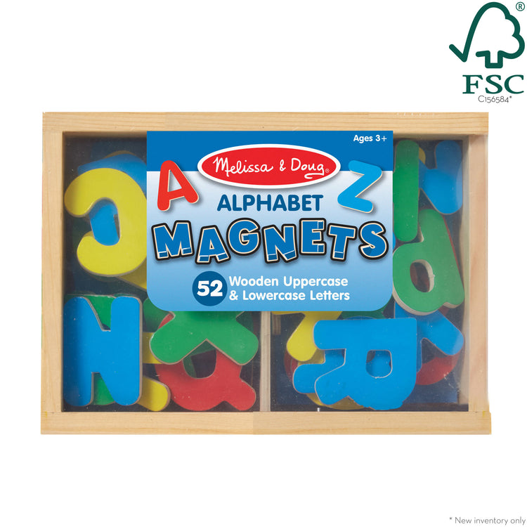 The front of the box for The Melissa & Doug 52 Wooden Alphabet Magnets in a Box - Uppercase and Lowercase Letters