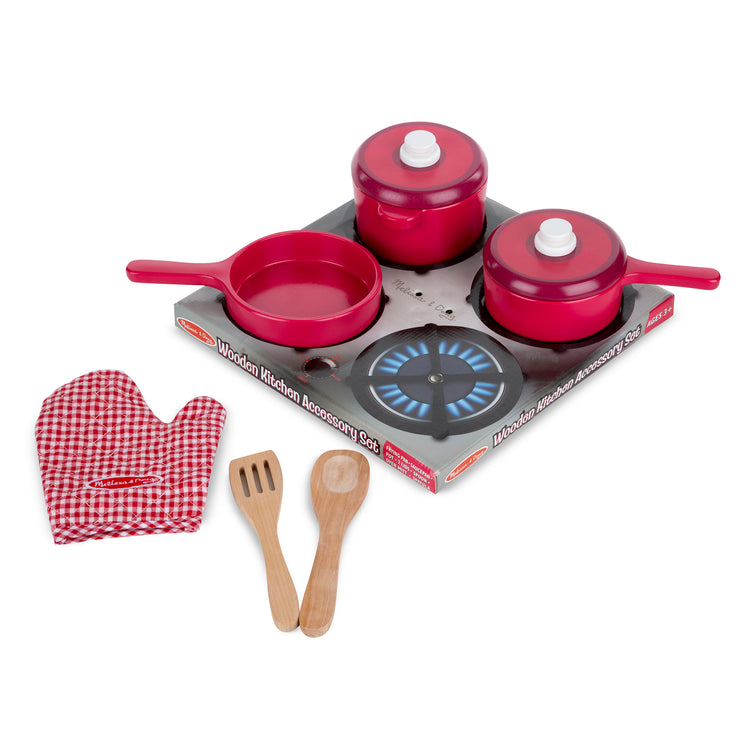  The Melissa & Doug Deluxe Wooden Kitchen Accessory Play Set - Pots & Pans (8 pcs)