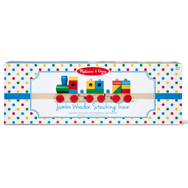 The front of the box for The Melissa & Doug Wooden Jumbo Stacking Train – 4-Color Classic Wooden Toddler Toy (17 pcs)