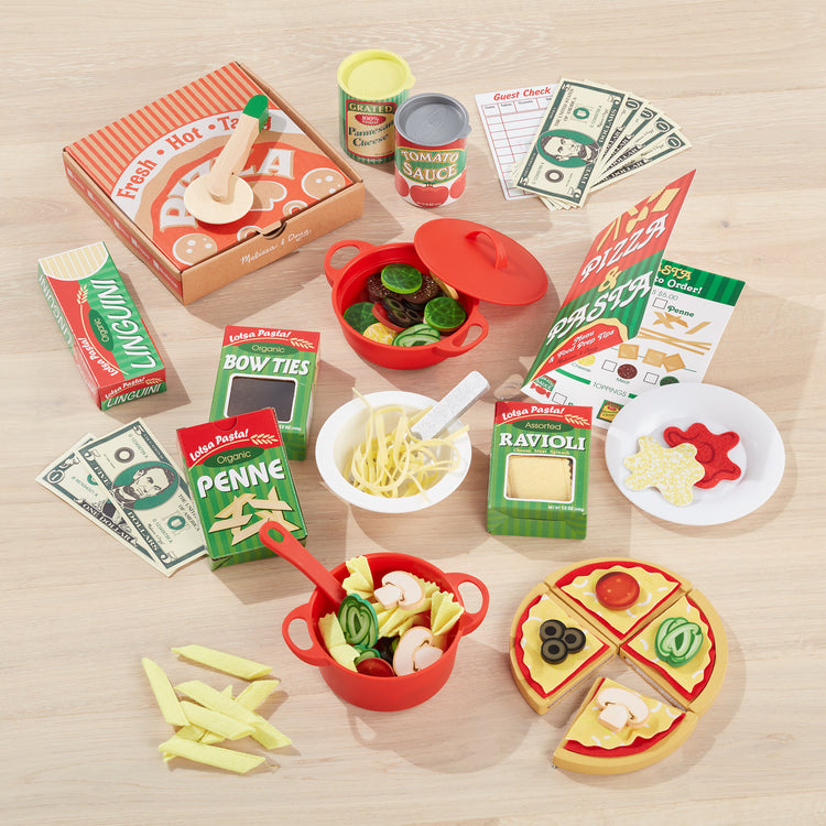 A playroom scene with The Melissa & Doug Deluxe Pizza & Pasta Play Set Pretend Play Food - 92 Pieces