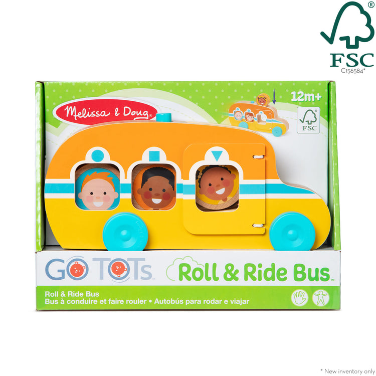 The front of the box for The Melissa & Doug GO Tots Wooden Roll & Ride Bus with 3 Disks