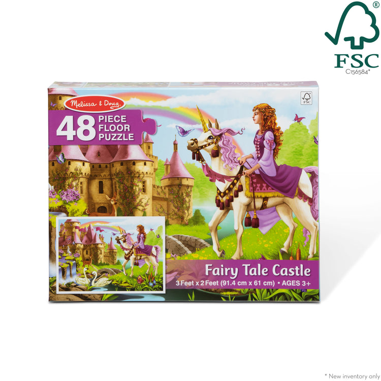 The front of the box for The Melissa & Doug Fairy Tale Castle Jumbo Jigsaw Floor Puzzle (48 pcs, 2 x 3 feet)