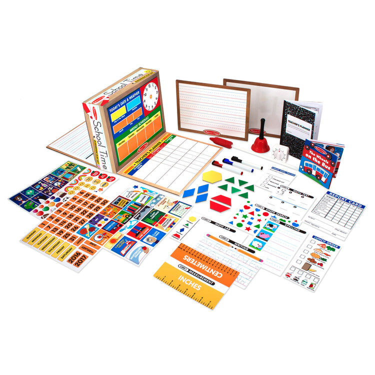 The loose pieces of The Melissa & Doug School Time! Classroom Play Set Game - Be Teacher or Student