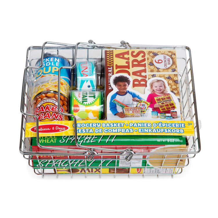 The front of the box for The Melissa & Doug Grocery Basket - Pretend Play Toy With Heavy Gauge Steel Construction