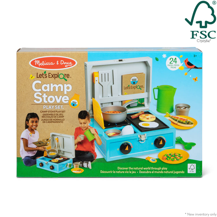 The front of the box for The Melissa & Doug Let’s Explore Camp Stove Play Set – 24 Pieces