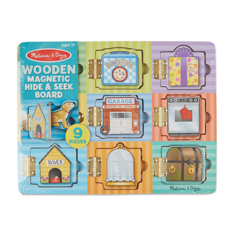 The front of the box for The Melissa & Doug Hide and Seek Wooden Activity Board With Wooden Magnets