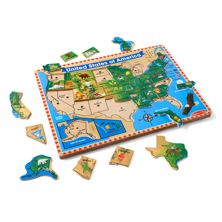 The loose pieces of The Melissa & Doug USA Map Sound Puzzle - Wooden Puzzle With Sound Effects (40 pcs), Multicolor