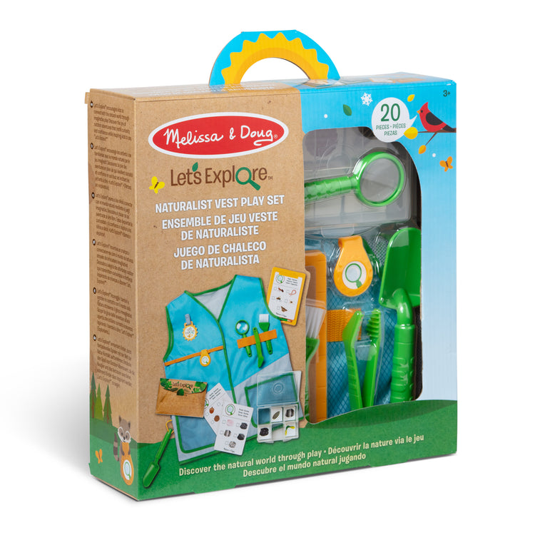 The front of the box for The Melissa & Doug Let’s Explore Naturalist Vest Play Set – 20 Pieces