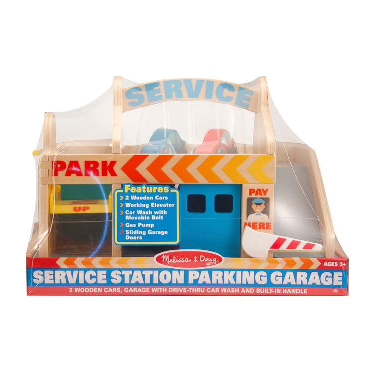 The front of the box for The Melissa & Doug Service Station Parking Garage With 2 Wooden Cars and Drive-Thru Car Wash