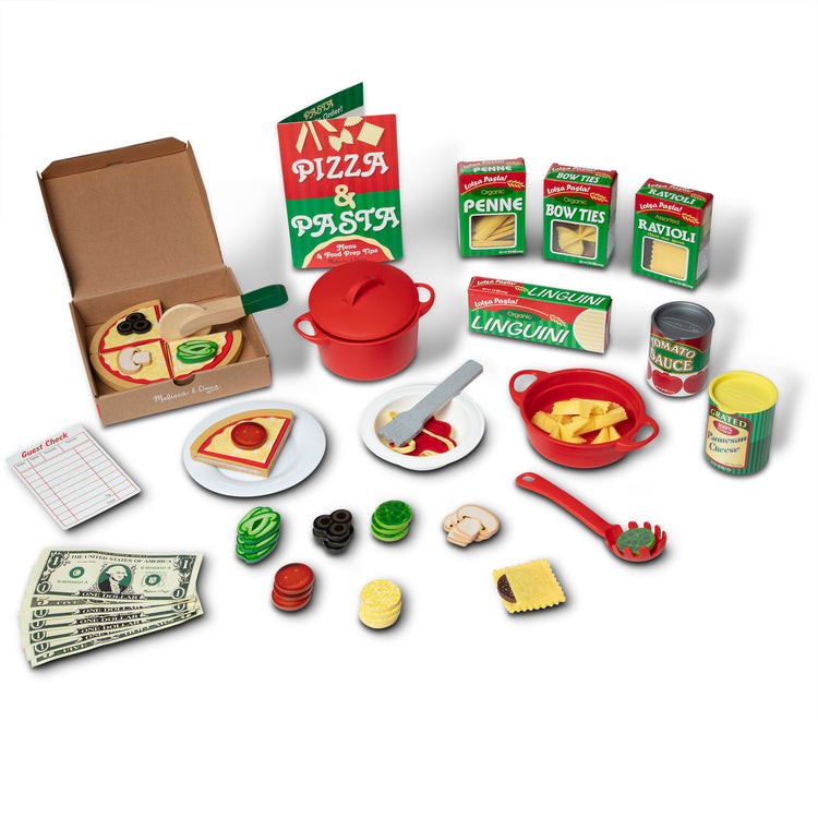 The loose pieces of The Melissa & Doug Deluxe Pizza & Pasta Play Set Pretend Play Food - 92 Pieces