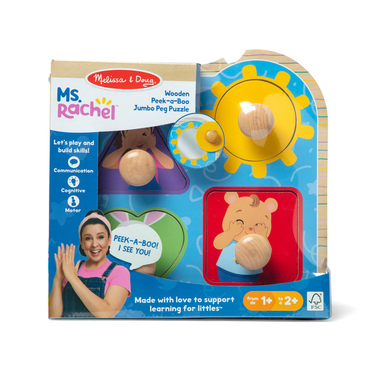 The front of the box for The Melissa & Doug® Ms. Rachel™ Wooden Peek-a-Boo Jumbo Peg Puzzle, 4-Piece with Mirror, Toddler Toys for Boys and Girls Ages 1+ Years

