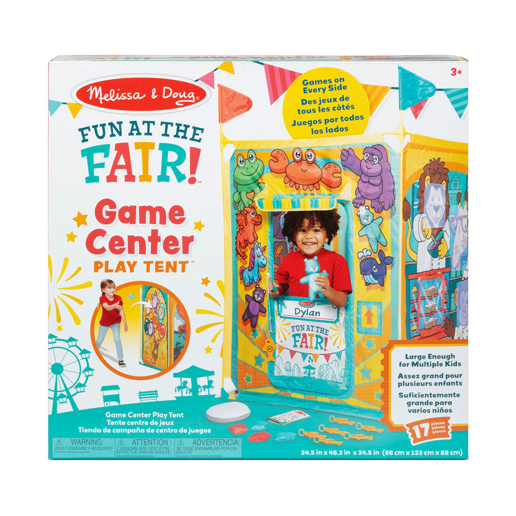 The front of the box for The Melissa & Doug Fun at the Fair! Game Center Play Tent – 4 Sides of Activities