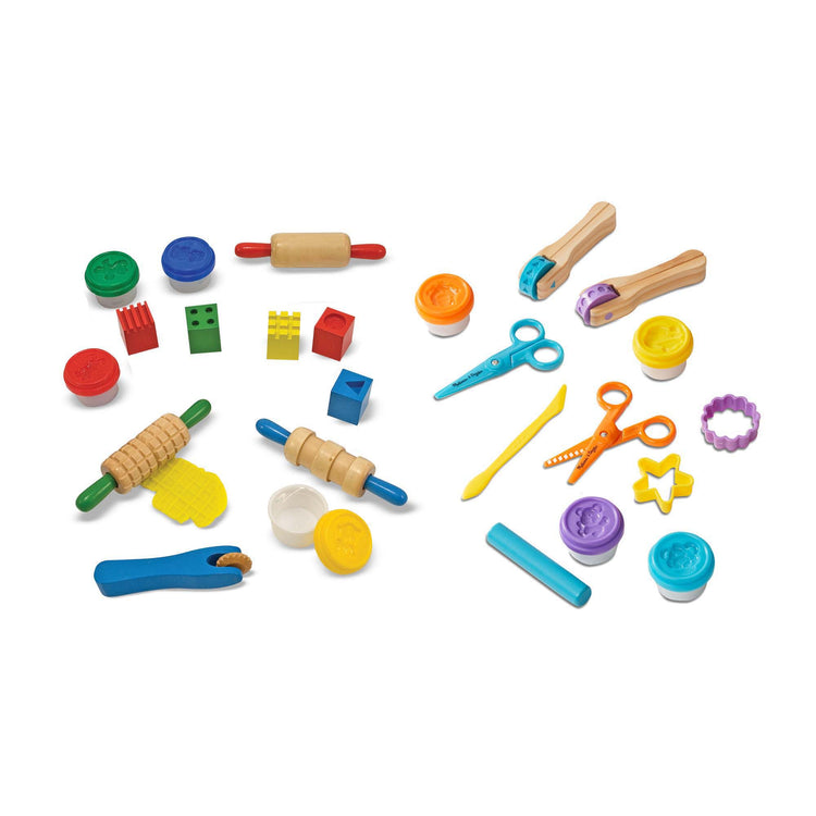 The loose pieces of The Melissa & Doug Clay Play Activity Set - With Sculpting Tools and 8 Tubs of Modeling Dough