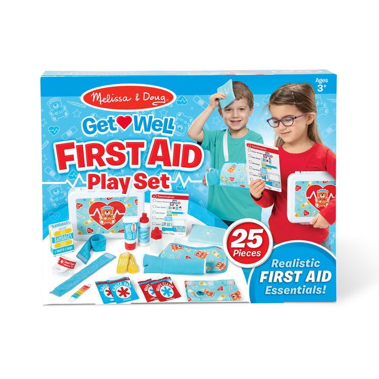 The front of the box for The Melissa & Doug Get Well First Aid Kit Play Set – 25 Toy Pieces