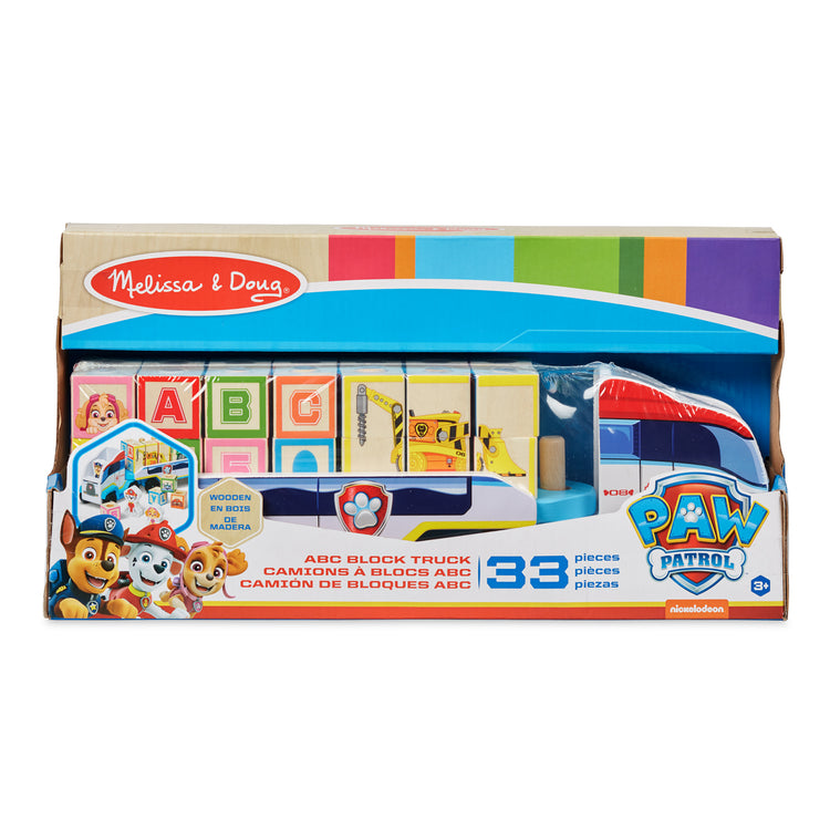 The loose pieces of The Melissa & Doug PAW Patrol Wooden ABC Block Truck (33 Pieces)