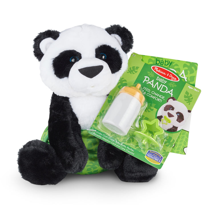 The front of the box for The Melissa & Doug 11-Inch Baby Panda Plush Stuffed Animal with Pacifier, Diaper, Baby Bottle