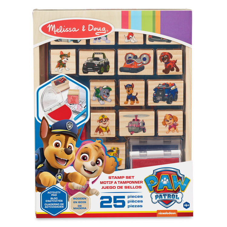 The front of the box for The Melissa & Doug PAW Patrol Wooden Stamps Activity Set With Markers, Activity Pad (25 Pieces)