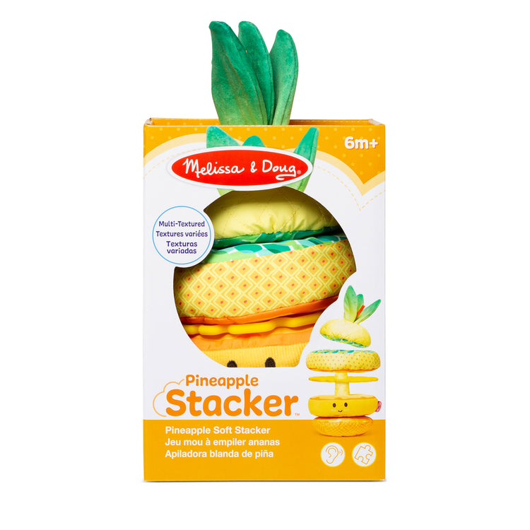 The front of the box for The Melissa & Doug Multi-Sensory Pineapple Soft Stacker Infant Toy