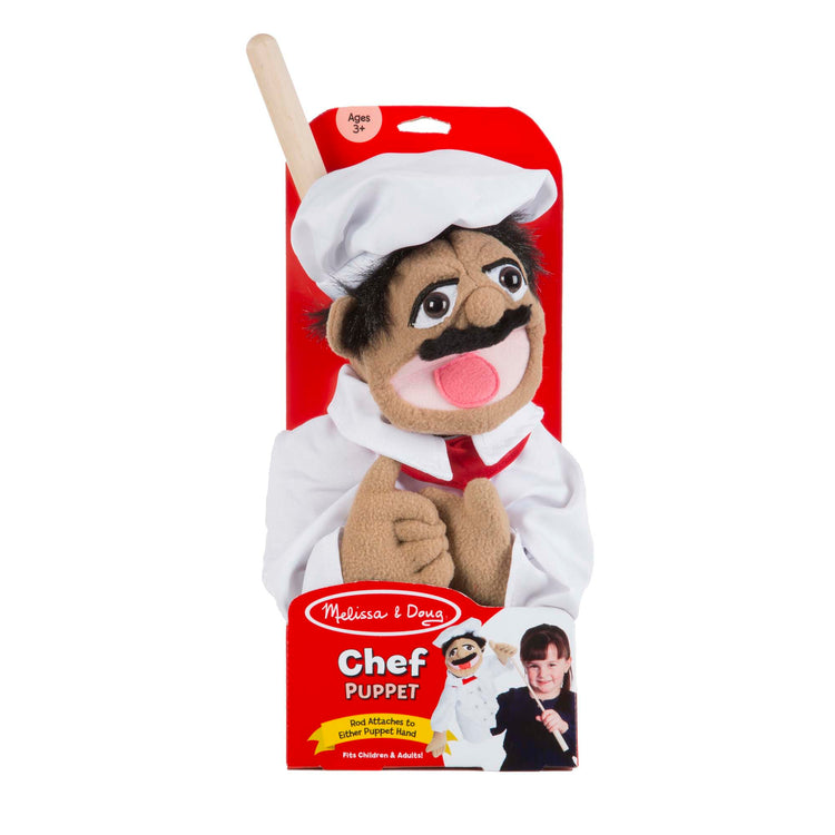 The front of the box for The Melissa & Doug Chef Puppet (Al Dente) with Detachable Wooden Rod