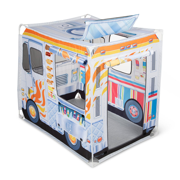 A child on white background with The Melissa & Doug Fabric Double-Sided Food Truck Play Tent - Ice Cream And BBQ