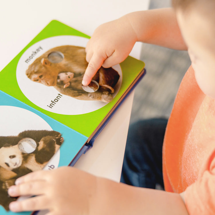 A kid playing with The Melissa & Doug Children’s Book – Poke-a-Dot: Wild Animal Families (Board Book with Buttons to Pop)