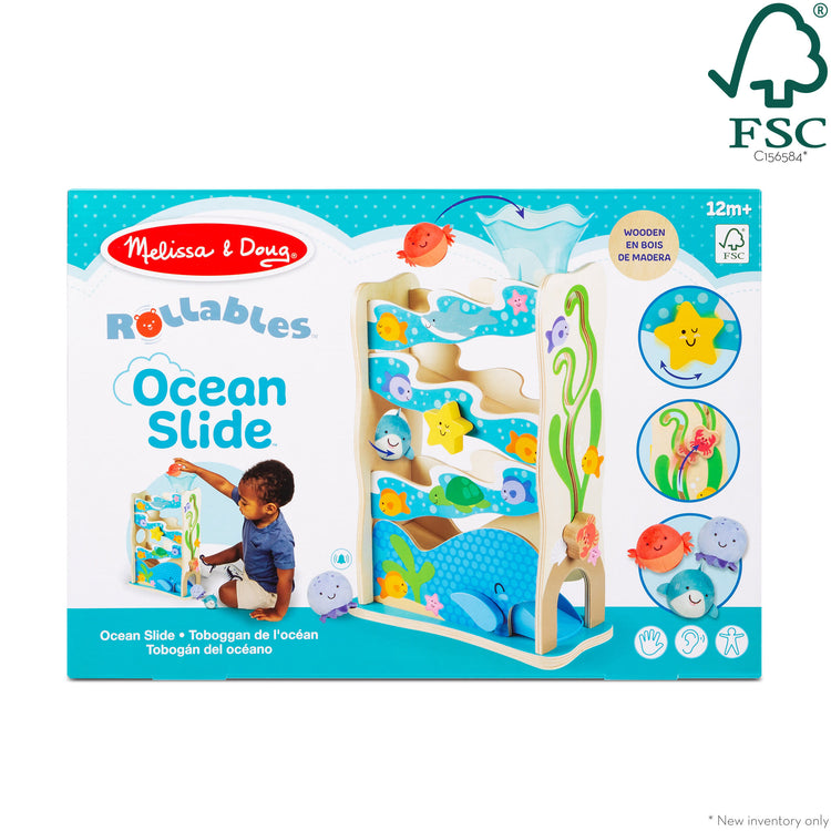 The front of the box for The Melissa & Doug Rollables Wooden Ocean Slide Infant and Toddler Toy (5 Pieces)