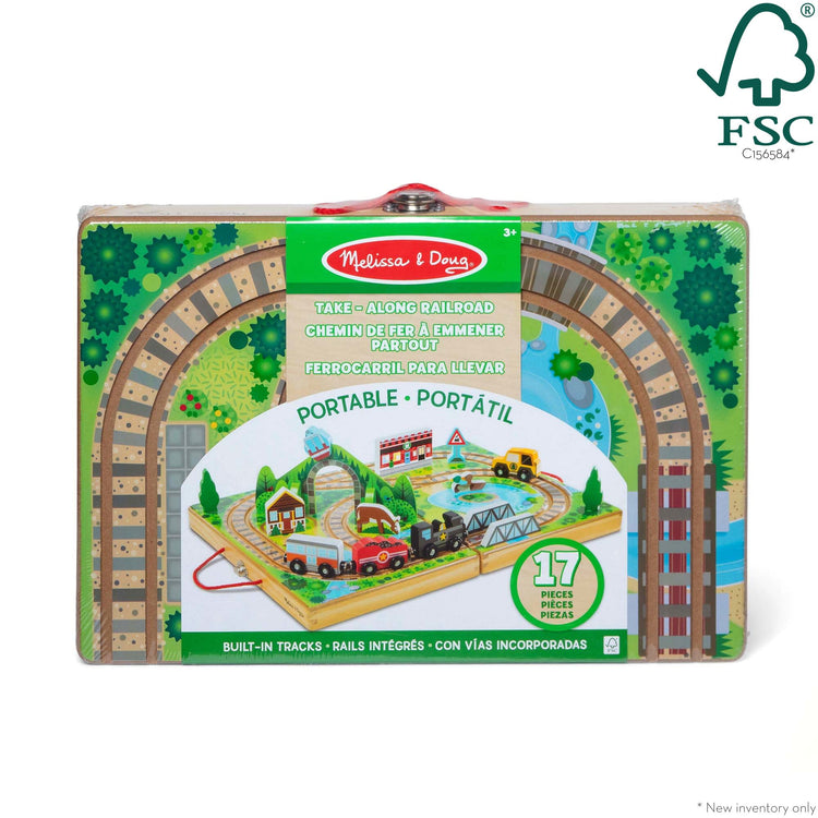 The front of the box for The Melissa & Doug 17-Piece Wooden Take-Along Tabletop Railroad, 3 Trains, Truck, Play Pieces, Bridge