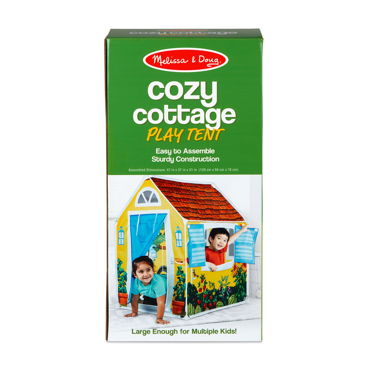 The front of the box for The Melissa & Doug Cozy Cottage Fabric Play Tent and Storage Tote