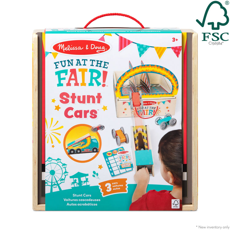 The front of the box for The Melissa & Doug Fun at the Fair! Wooden Ring of Fire Stunt Jumper Cars Game