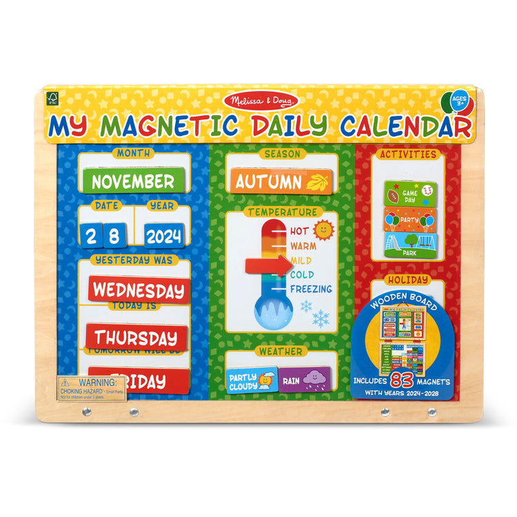 The front of the box for The Melissa & Doug My First Daily Magnetic Calendar