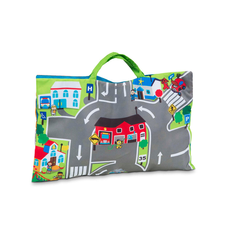 An assembled or decorated The Melissa & Doug Take-Along Town Play Mat (19.25 x 14.25 inches) With 9 Soft Vehicles