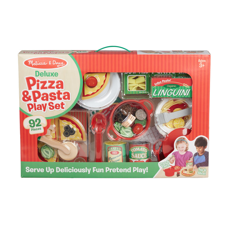 The front of the box for The Melissa & Doug Deluxe Pizza & Pasta Play Set Pretend Play Food - 92 Pieces