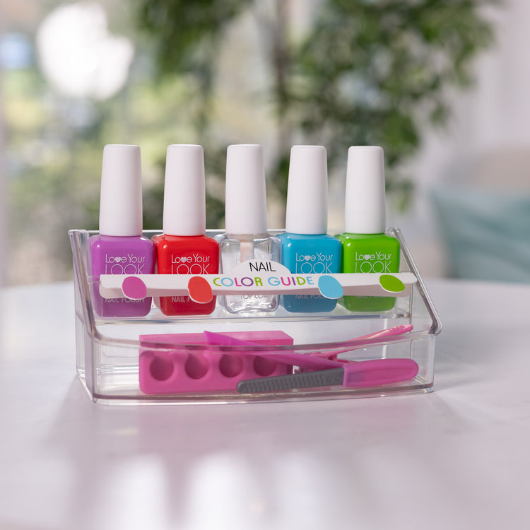 A playroom scene with The Melissa & Doug Love Your Look Pretend Nail Care Play Set – 22 Pieces for Mess-Free Play Mani-Pedis (DOES NOT CONTAIN REAL COSMETICS)