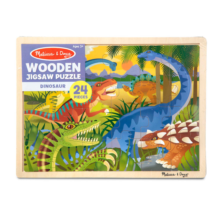 The front of the box for The Melissa & Doug Dinosaurs Wooden Jigsaw Puzzle With Storage Tray (24 pcs)