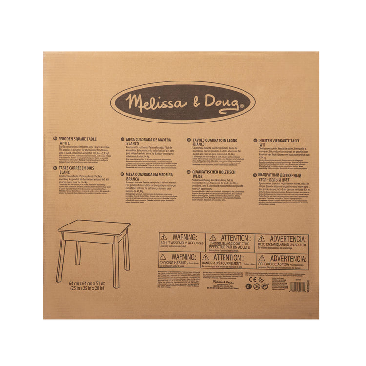 The front of the box for The Melissa & Doug Wooden Square Table (White)