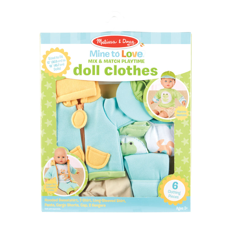 The front of the box for The Melissa & Doug Mine to Love Mix & Match Playtime Doll Clothes for 12”-18” Unisex Dolls (6 pcs)