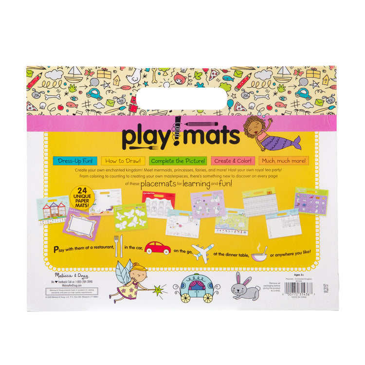 The front of the box for The Melissa & Doug Playmats Enchanted Kingdom Take-Along Paper Coloring And Learning Activity Pads (24 Pages)