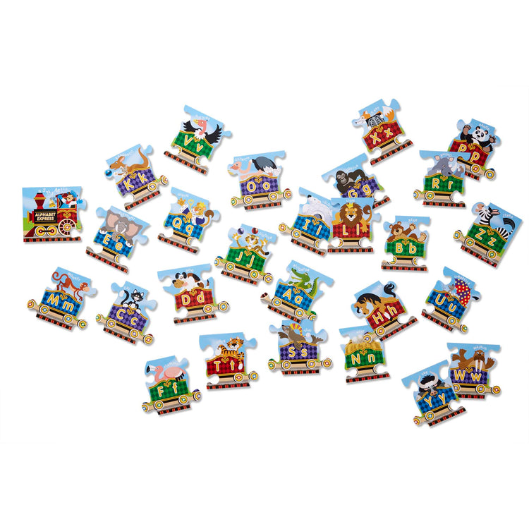 The loose pieces of The Melissa & Doug Alphabet Express Jumbo Jigsaw Floor Puzzle (27 pcs, 10 feet long)