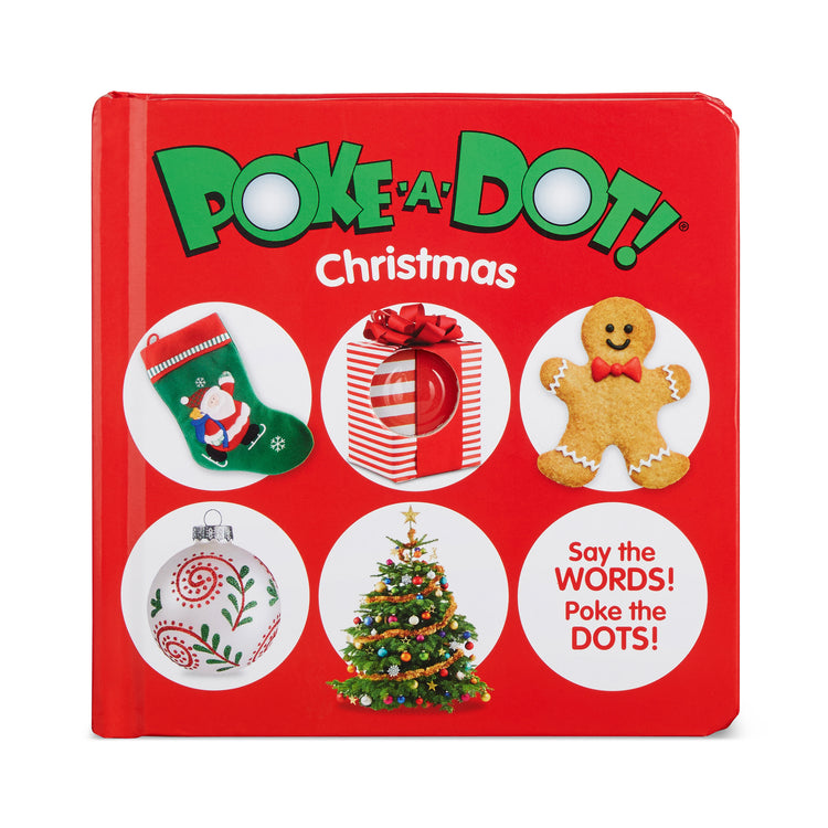 The front of the box for The Melissa & Doug Children’s Book – Poke-a-Dot: Christmas (Board Book with Buttons to Pop)