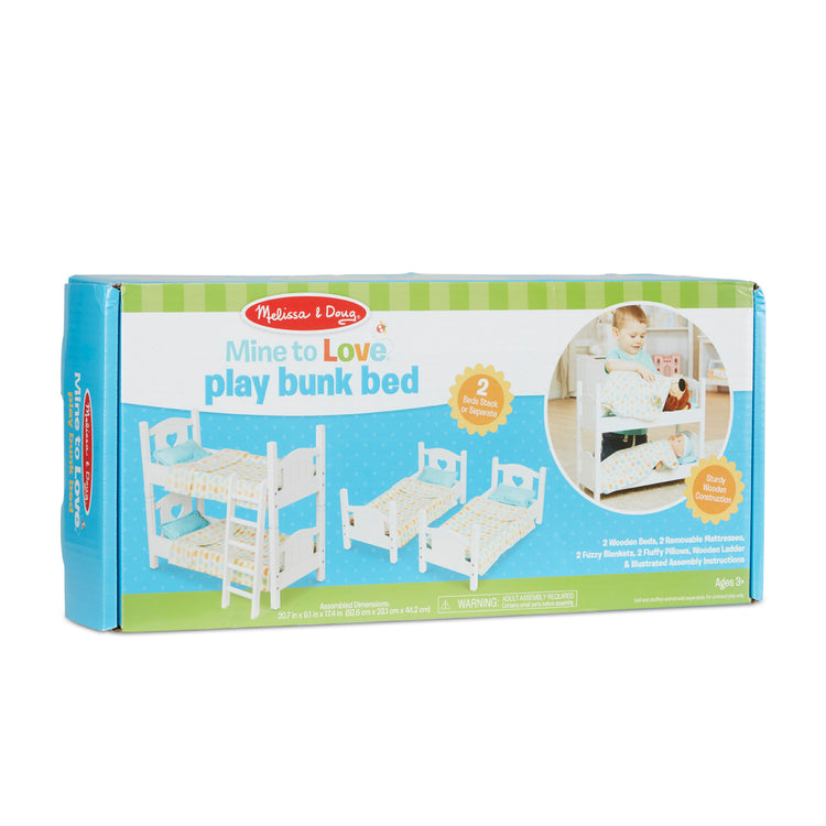 The front of the box for The Melissa & Doug Mine to Love Wooden Play Bunk Bed for Dolls, Stuffed Animals - White (2 Beds, 17.4”H x 9.1”W x 20.7”L Assembled and Stacked)