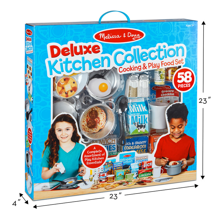 The front of the box for The Melissa & Doug Deluxe Kitchen Collection Cooking & Play Food Set – 58 Pieces