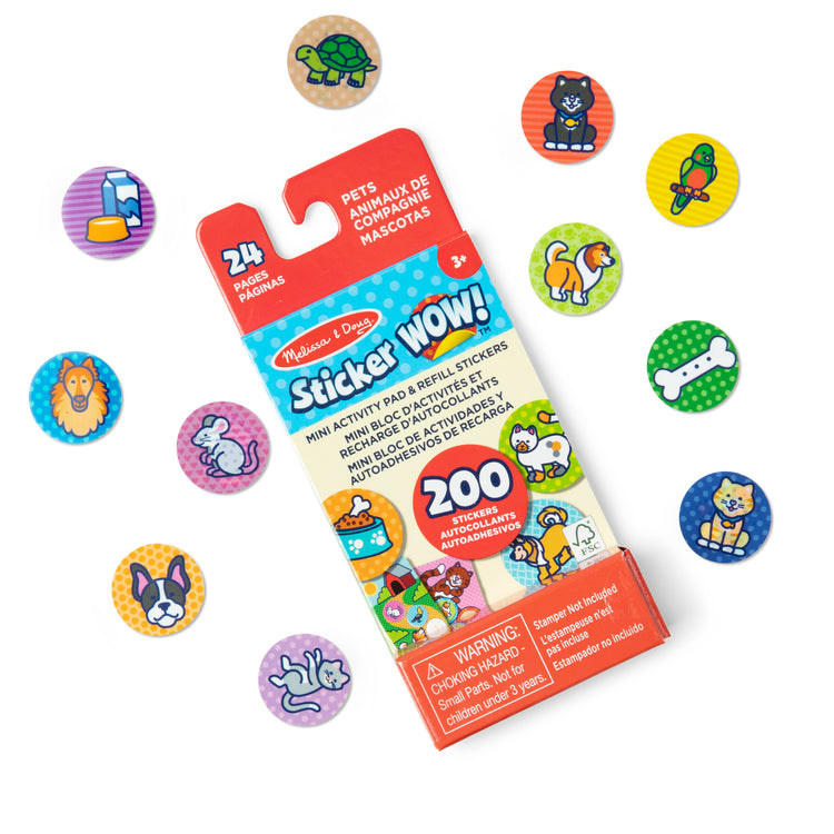 The loose pieces of The Melissa & Doug Sticker WOW!™ Mini Activity Pad and 200+ Refill Stickers for Sticker Stamper Arts and Crafts Fidget Toy Collectibles – Pets Stickers