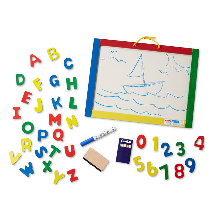 The loose pieces of The Melissa & Doug Magnetic Chalkboard and Dry-Erase Board With 36 Magnets (Numbers and Uppercase Letters), Chalk, Eraser, and Dry-Erase Pen