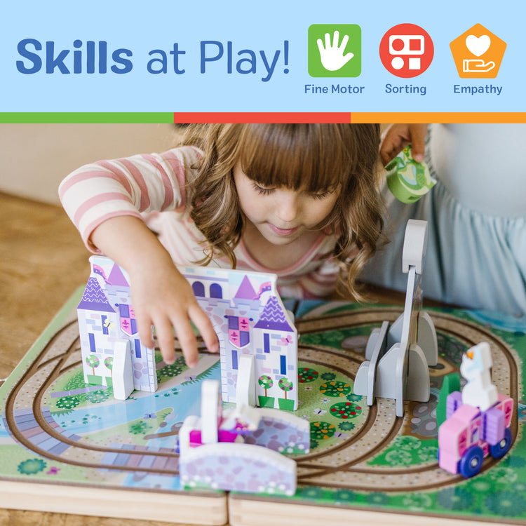 A kid playing with The Melissa & Doug 19-Piece Wooden Take-Along Tabletop Kingdom – Carriage, Horse, Unicorn, Dragon, More