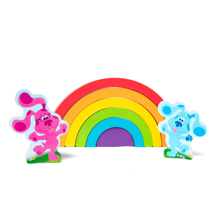 The loose pieces of The Melissa & Doug Blue's Clues & You! Wooden Rainbow Stacking Puzzle (9 Pieces)