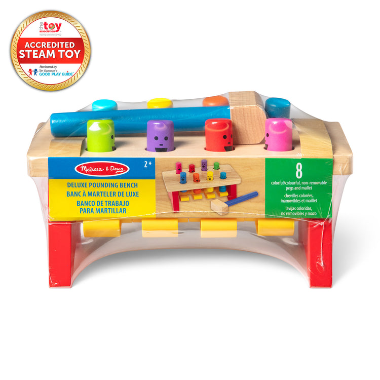 The front of the box for The Melissa & Doug Deluxe Pounding Bench Wooden Preschool Learning Toy With Mallet