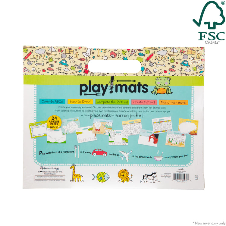 The front of the box for The Melissa & Doug Playmats Animals Take-Along Paper Coloring And Learning Activity Pads (24 Pages)