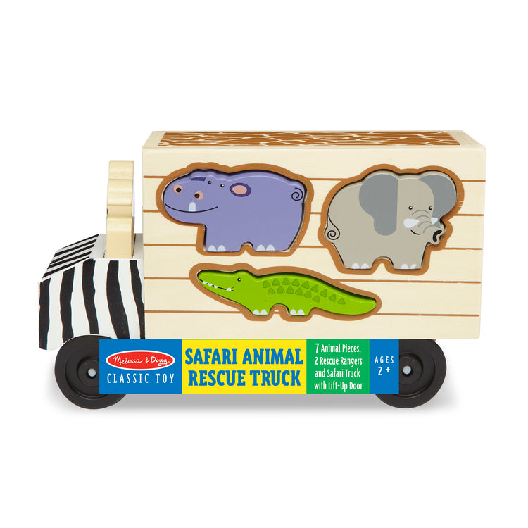 The front of the box for The Melissa & Doug Animal Rescue Shape-Sorting Truck - Wooden Toy With 7 Animals and 2 Play Figures