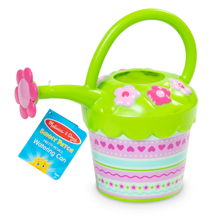 The front of the box for The Melissa & Doug Sunny Patch Pretty Petals Flower Watering Can - Pretend Play Toy